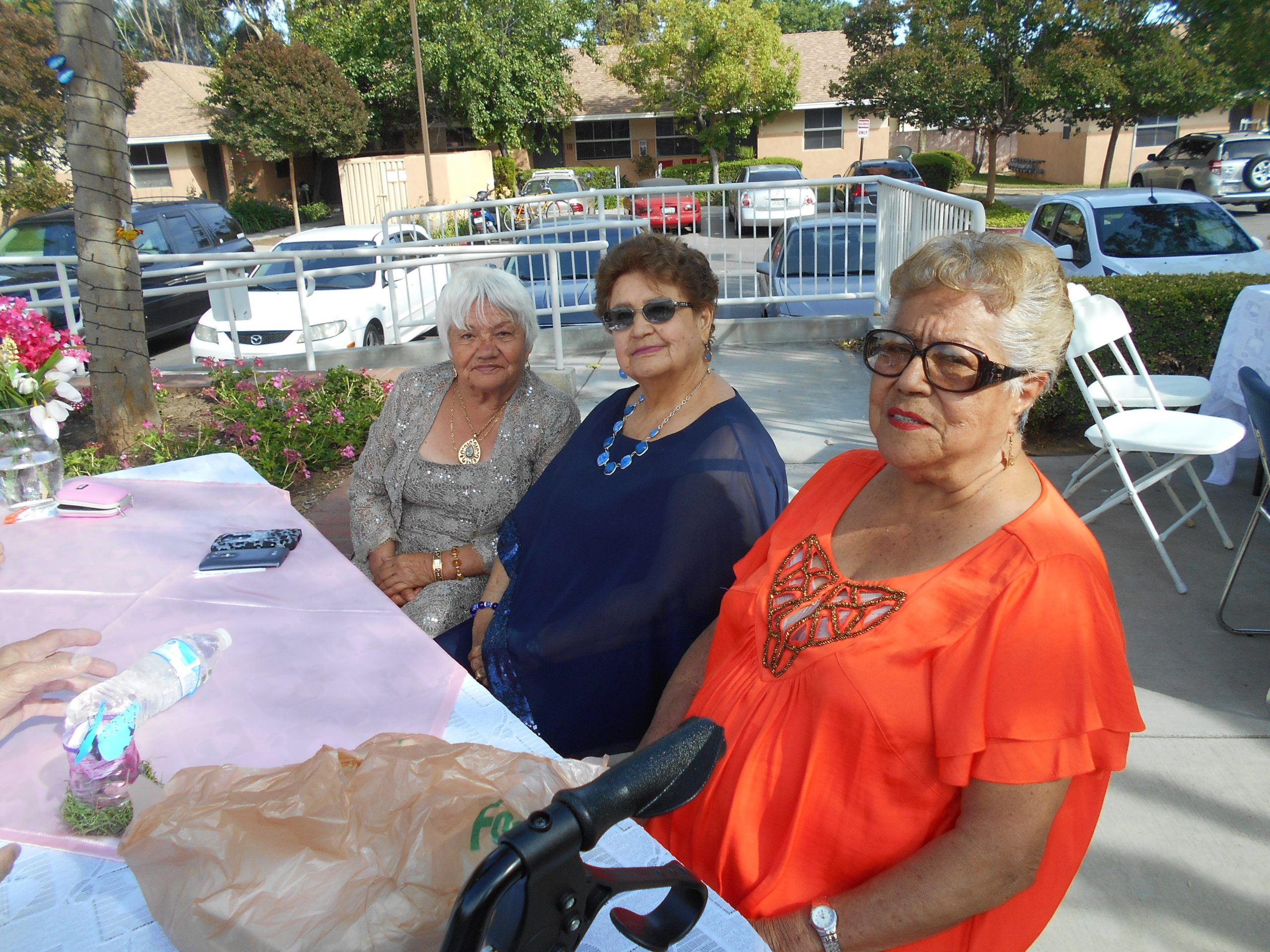 Photo of three women residents sitting outside at an event at Cambridge Gardens senior housing community.